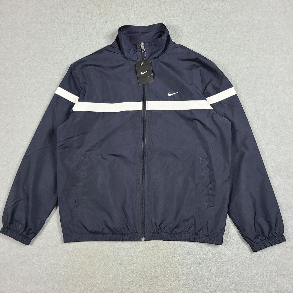 Nike Classic Windbreaker Jacket Mens L Navy Blue White Full Zip Long Sleeve Mesh